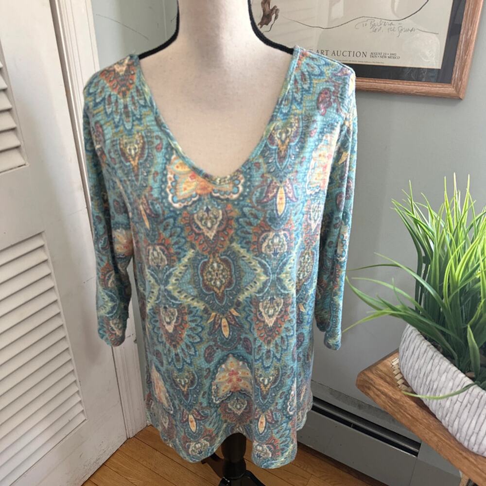 Studio JPR Tunic Womens XL Pastel Blue Kint Paisley V-Neck Bohemian Casual